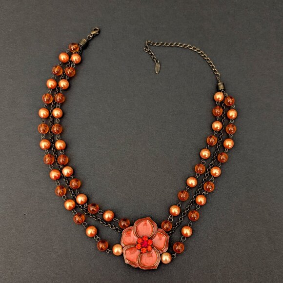 3 strand vintage orange enamel flower necklace with orange and peach beads - Picture 5 of 12